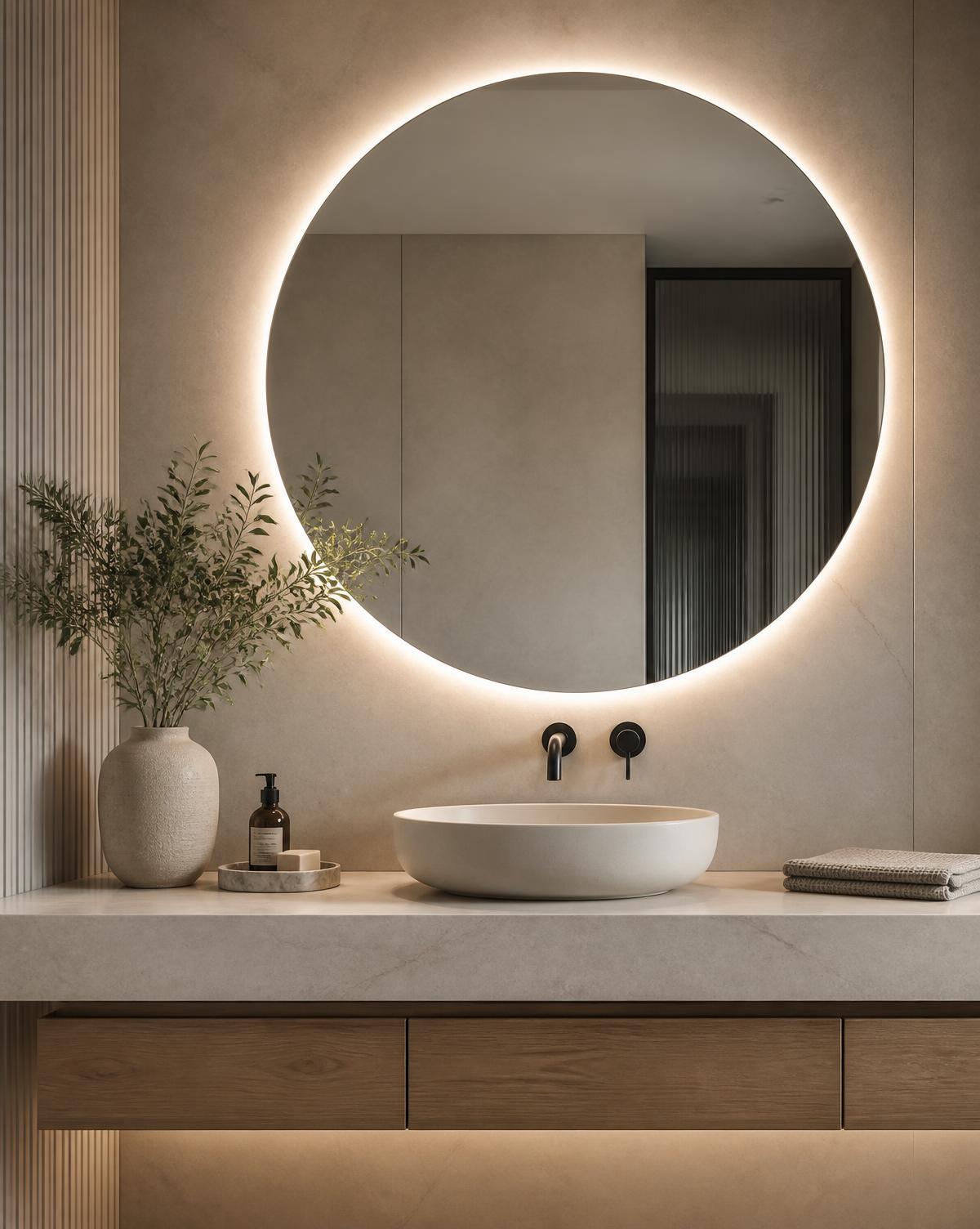 Backlit round mirror installed in a modern bathroom